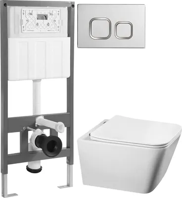 Унитаз подвесной с инсталляцией Saniteco Tornado KW-9004WT + 501 + K02-SG (с кнопкой, хром глянцевый)