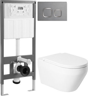 Унитаз подвесной с инсталляцией Saniteco KW-9009W + 501 + K02-PGR (с кнопкой, платиново-серый)