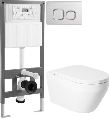 Унитаз подвесной с инсталляцией Saniteco KW-9009W + 501 + K02-SG (с кнопкой, хром глянцевый)
