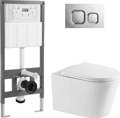 Унитаз подвесной с инсталляцией Saniteco Tornado KW-9005WT + 501 + K02-SG (с кнопкой, хром глянцевый)