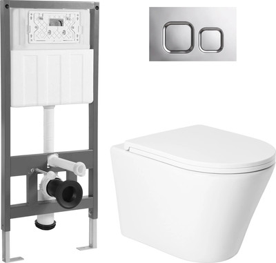 Унитаз подвесной с инсталляцией Saniteco KW-9005W + 501 + K02-SG (с кнопкой, хром глянцевый)