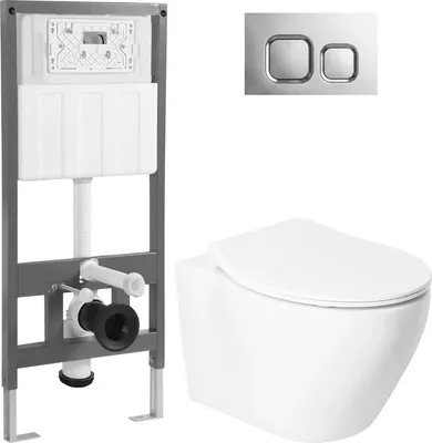 Унитаз подвесной с инсталляцией Saniteco KW-99046 + 501 + K02-SG (с кнопкой, хром глянцевый)