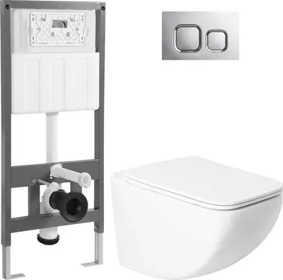 Унитаз подвесной с инсталляцией Saniteco KW-99048 + 501 + K02-SG (с кнопкой, хром глянцевый)