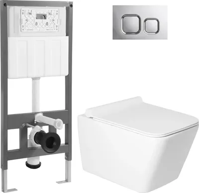 Унитаз подвесной с инсталляцией Saniteco KW-9004W + 501 + K02-SG (с кнопкой, хром глянцевый)