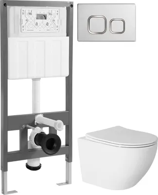 Унитаз подвесной с инсталляцией Saniteco Torando T-203W + 501 + K02-SG (с кнопкой, хром глянцевый)