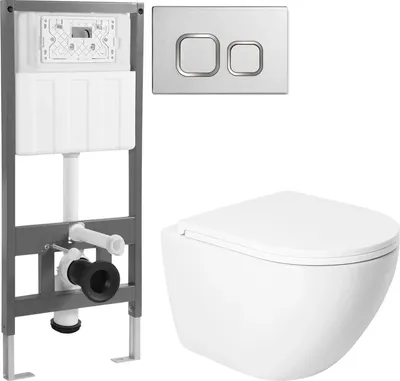 Унитаз подвесной с инсталляцией Saniteco KW-9003WT + 501 + K02-SG (с кнопкой, хром глянцевый)