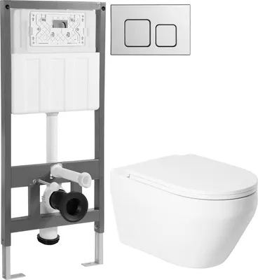 Унитаз подвесной с инсталляцией Saniteco KW-9009W + 501 + K02-SSG (с кнопкой, хром глянцевый)