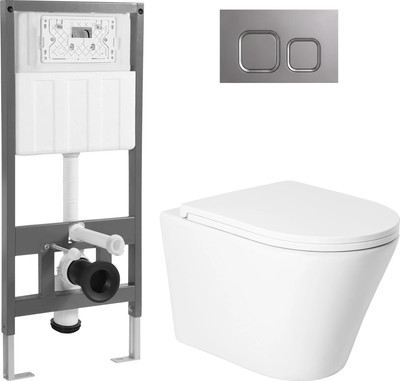 Унитаз подвесной с инсталляцией Saniteco KW-9005W + 501 + K02-PGR (с кнопкой, платиново-серый)