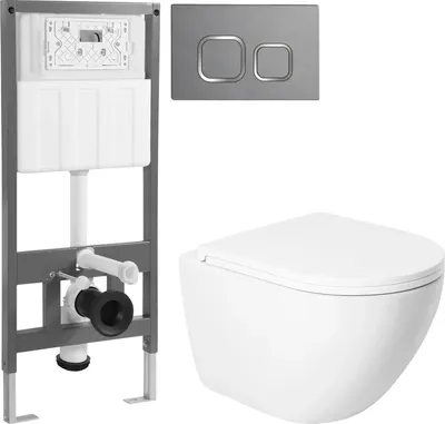 Унитаз подвесной с инсталляцией Saniteco KW-9003WT + 501 + K02-PGR (с кнопкой, платиново-серый)