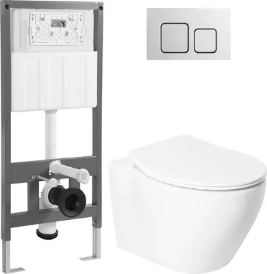 Унитаз подвесной с инсталляцией Saniteco KW-99046 + 501 + K02-SSG (с кнопкой, хром глянцевый)