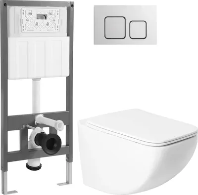 Унитаз подвесной с инсталляцией Saniteco KW-99048 + 501 + K02-SSG (с кнопкой, хром глянцевый)