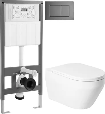 Унитаз подвесной с инсталляцией Saniteco KW-9009W + 501 + K03-SGR (с кнопкой, оружейная сталь)