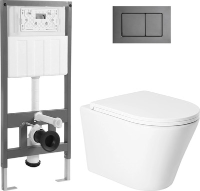 Унитаз подвесной с инсталляцией Saniteco KW-9005W + 501 + K03-SGR (с кнопкой, оружейная сталь)