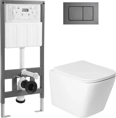 Унитаз подвесной с инсталляцией Saniteco KW-9004WS + 501 + K03-SGR (с кнопкой, оружейная сталь)
