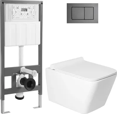 Унитаз подвесной с инсталляцией Saniteco KW-9004W + 501 + K03-SGR (с кнопкой, оружейная сталь)