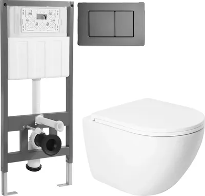 Унитаз подвесной с инсталляцией Saniteco KW-9003WT + 501 + K03-SGR (с кнопкой, оружейная сталь)