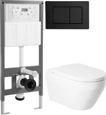 Унитаз подвесной с инсталляцией Saniteco KW-9009W + 501 + K03-SB (с кнопкой, черный)