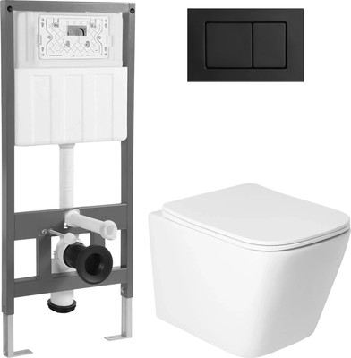 Унитаз подвесной с инсталляцией Saniteco KW-9004WS + 501 + K03-SB (с кнопкой, черный)