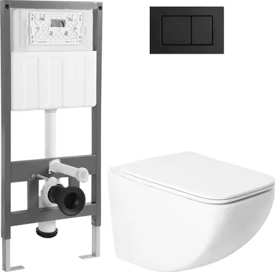 Унитаз подвесной с инсталляцией Saniteco KW-99048 + 501 + K03-SB (с кнопкой, черный)
