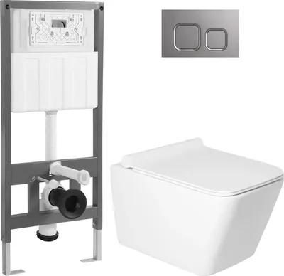 Унитаз подвесной с инсталляцией Saniteco KW-9004W + 501 + K02-PGR (с кнопкой, платиново-серый)