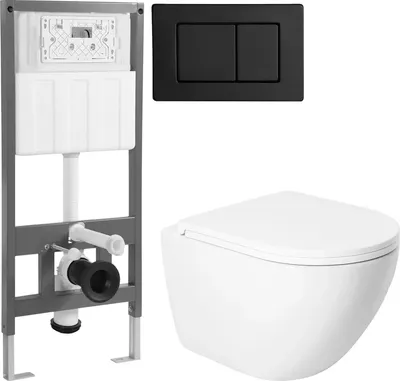Унитаз подвесной с инсталляцией Saniteco KW-9003WT + 501 + K03-SB (с кнопкой, черный)