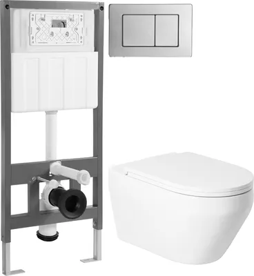 Унитаз подвесной с инсталляцией Saniteco KW-9009W + 501 + K03-SBR (с кнопкой, хром матовый)