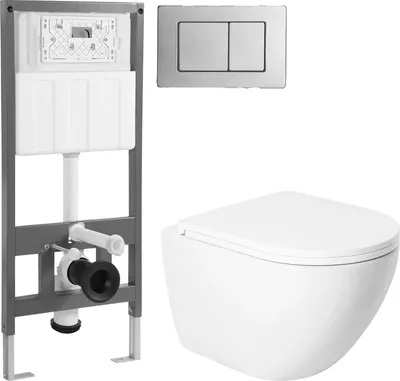 Унитаз подвесной с инсталляцией Saniteco KW-9003WT + 501 + K03-SBR (с кнопкой, хром матовый)