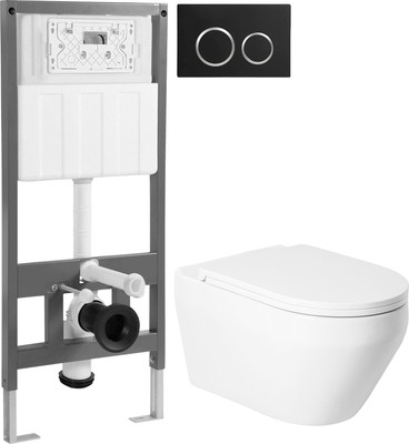 Унитаз подвесной с инсталляцией Saniteco KW-9009W + 501 + K01-B (с кнопкой, черный)