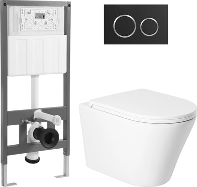 Унитаз подвесной с инсталляцией Saniteco KW-9005W + 501 + K01-B (с кнопкой, черный)