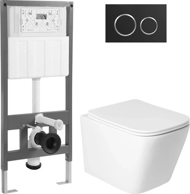Унитаз подвесной с инсталляцией Saniteco KW-9004WS + 501 + K01-B (с кнопкой, черный)