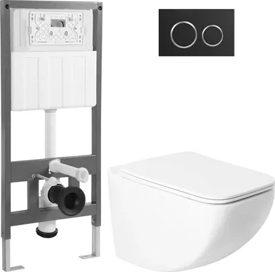 Унитаз подвесной с инсталляцией Saniteco KW-99048 + 501 + K01-B (с кнопкой, черный)
