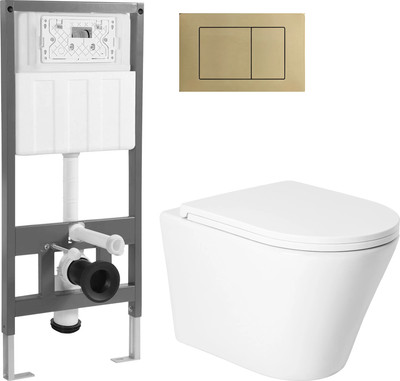 Унитаз подвесной с инсталляцией Saniteco KW-9005W + 501 + K03-SGG (с кнопкой, глянцевое золото)