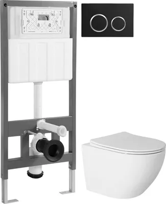 Унитаз подвесной с инсталляцией Saniteco Torando T-203W + 501 + K01-B (с кнопкой, черный)