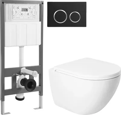 Унитаз подвесной с инсталляцией Saniteco KW-9003WT + 501 + K01-B (с кнопкой, черный)
