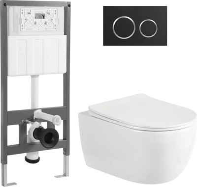 Унитаз подвесной с инсталляцией Saniteco Rimless R-209W + 501 + K01-B (с кнопкой, черный)