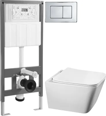 Унитаз подвесной с инсталляцией Saniteco Tornado KW-9004WT + 501 + K03-SG (с кнопкой, хром глянцевый)