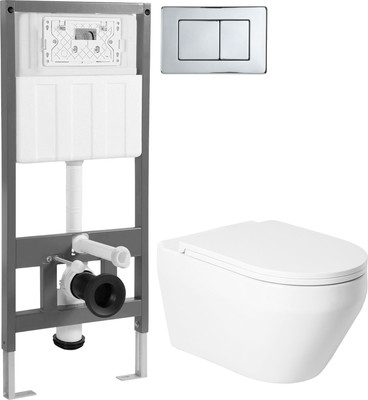 Унитаз подвесной с инсталляцией Saniteco KW-9009W + 501 + K03-SG (с кнопкой, хром глянцевый)