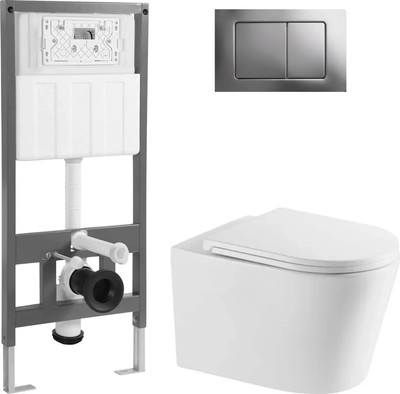 Унитаз подвесной с инсталляцией Saniteco Tornado KW-9005WT + 501 + K03-SG (с кнопкой, хром глянцевый)
