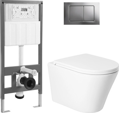 Унитаз подвесной с инсталляцией Saniteco KW-9005W + 501 + K03-SG (с кнопкой, хром глянцевый)