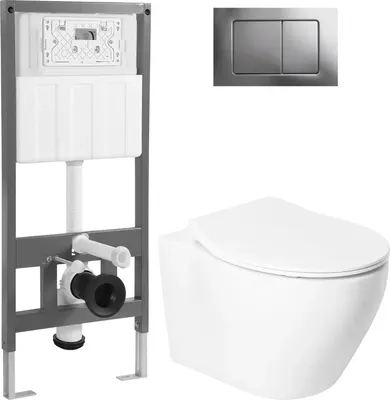 Унитаз подвесной с инсталляцией Saniteco KW-99046 + 501 + K03-SG (с кнопкой, хром глянцевый)