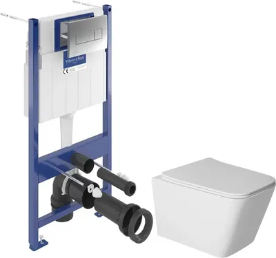 Унитаз подвесной с инсталляцией Saniteco Rimless R-202W + Villeroy & Boch Viconnect Pro S 92122869 (кнопка хром)
