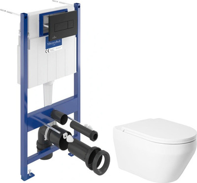 Унитаз подвесной с инсталляцией Saniteco KW-9009W + Villeroy & Boch 92122870 / 921228AN (кнопка черная)