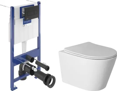 Унитаз подвесной с инсталляцией Saniteco Torando T-201W + Villeroy & Boch 92122870 / 921228AN (кнопка черная)