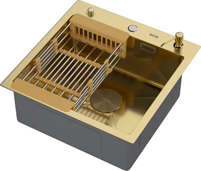 Мойка кухонная Arfeka ECO AR 50x50 POP-UP+CL+DS (Gold, с дозатором и коландером)