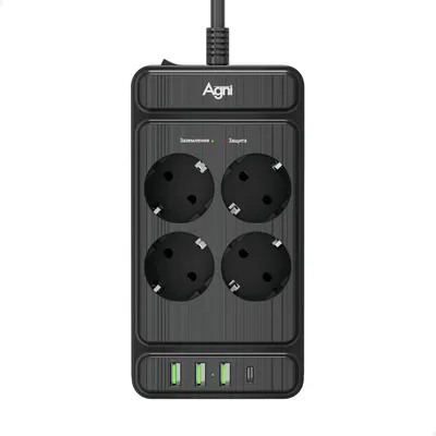 Сетевой фильтр Agni TP-FS4U4E-PD-2m-black (2м, 4 розетки, черный)