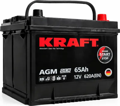 Автомобильный аккумулятор KrafT AGM Asia JR 620A / LPG12-65 (65 А/ч)