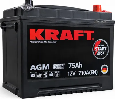 Автомобильный аккумулятор KrafT AGM Asia JR 710A / LPC12-75 (75 А/ч)