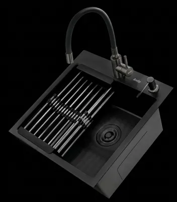 Мойка кухонная со смесителем Astir 50x50B Decor PVD Black+74004D-2 (с дозатором и корзиной)