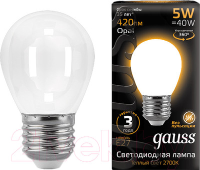 Лампа Gauss Filament Globe E27 5W 2700K / 105202105 (Opal/Milky)