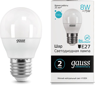 Лампа Gauss Elementary Шар 8W 540lm 4100K Е27 / 53228